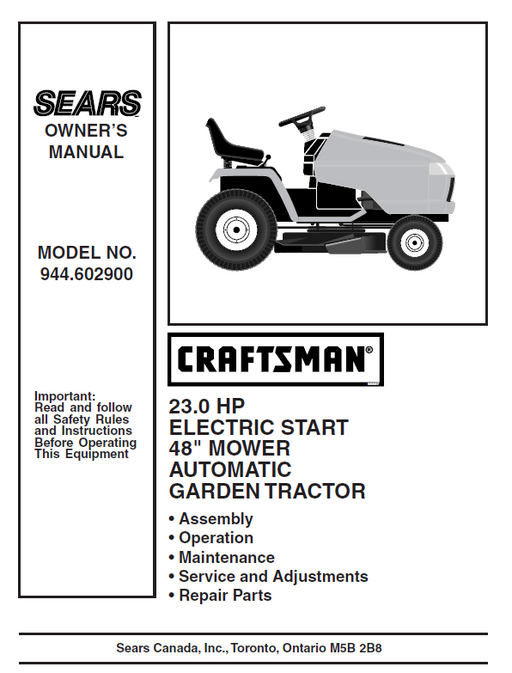 944.602900 Manual for Craftsman 23.0 HP 48“ Lawn Tractor