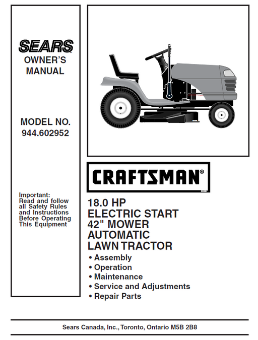 944.602952 Manual for Craftsman 18.0 HP 42“ Lawn Tractor