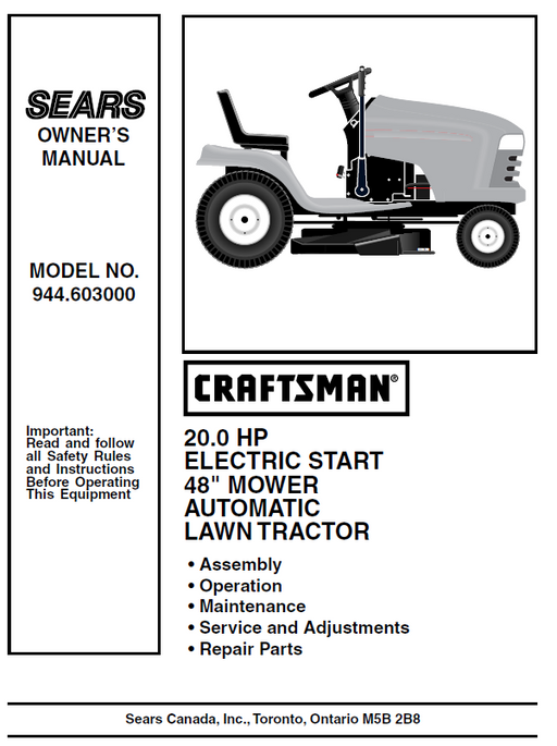 944.603000 Craftsman 48" Lawn Tractor Owners Manual 