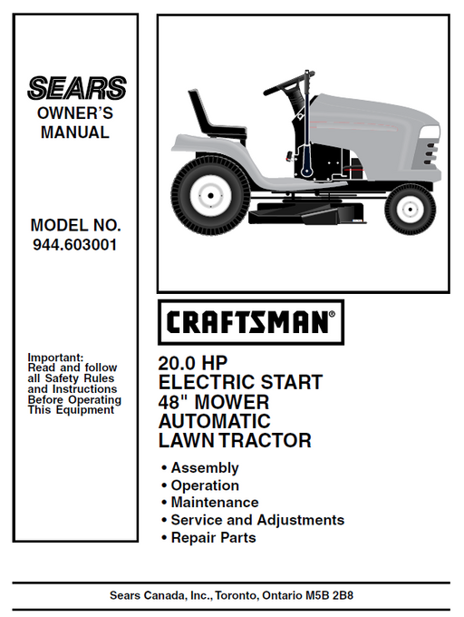 944.603001 Manual for Craftsman 20.0 HP 48“ Lawn Tractor