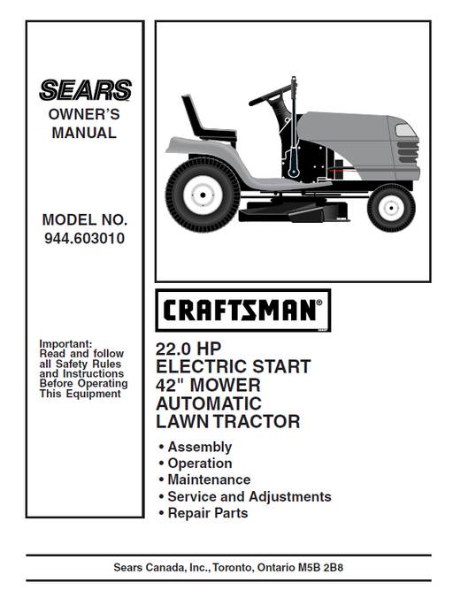 944.603010 Craftsman 42" Lawn Tractor Owners Manual 
