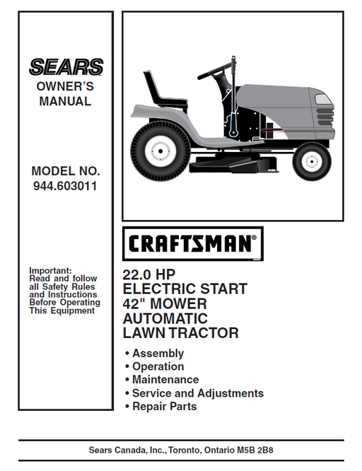 944.603011 Craftsman 42" Lawn Tractor Owners Manual 