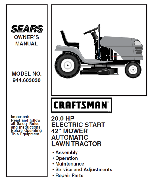 944.603030 Manual for Craftsman 20.0 HP 42“ Lawn Tractor
