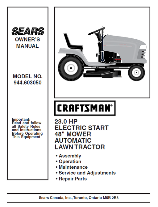 944.603050 Manual for Craftsman 23.0 HP 48“ Lawn Tractor