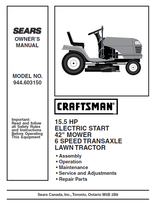 944.603150 Manual for Craftsman 15.5 HP 45