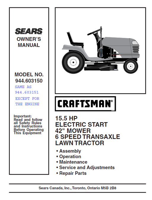 944.603151 Manual for Craftsman 15.5 HP 42" Lawn Tractor