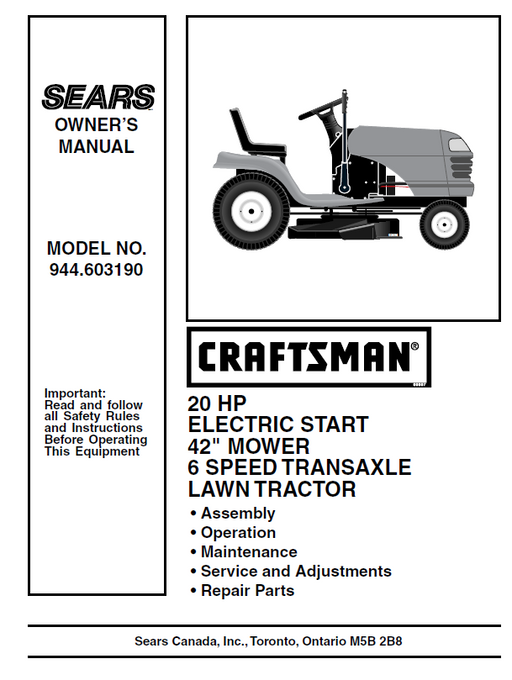 944.603190 Manual for Craftsman 20 HP 42" Lawn Tractor