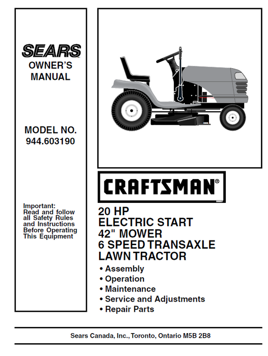 944.603190 Manual for Craftsman 20 HP 42 Lawn Tractor DR Mower Parts