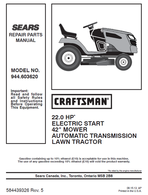 944.603620 Manual for Craftsman 22.0 HP 42" Lawn Tractor