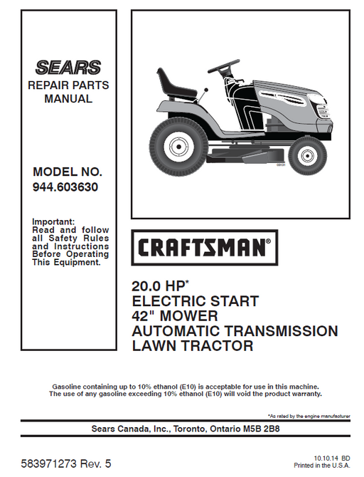 944.603630 Manual for Craftsman 20.0 HP 42" Lawn Tractor