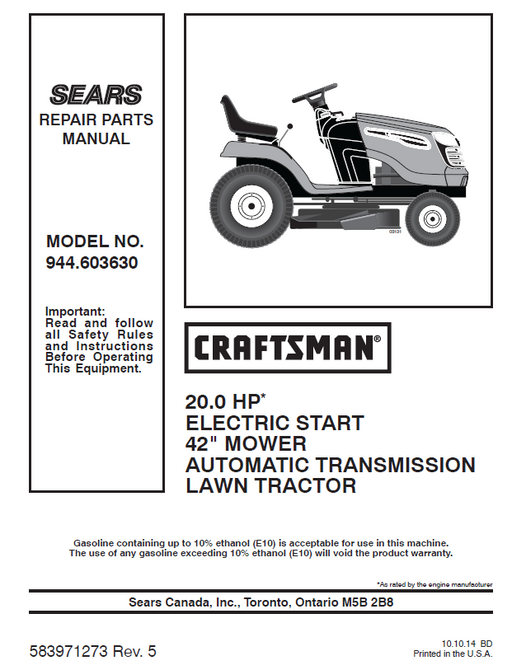 944.603630 Manual for Craftsman 20.0 HP 42" Lawn Tractor 