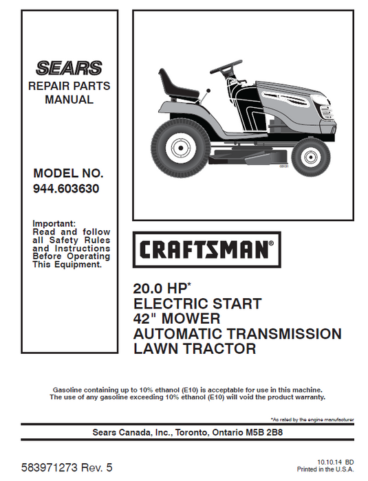 944.603630 Manual for Craftsman 20.0 HP 42 Lawn Tractor DR Mower Parts