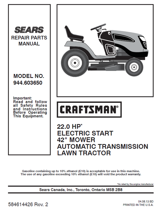 944.603650 Manual for Craftsman 22.0 HP 42" Lawn Tractor