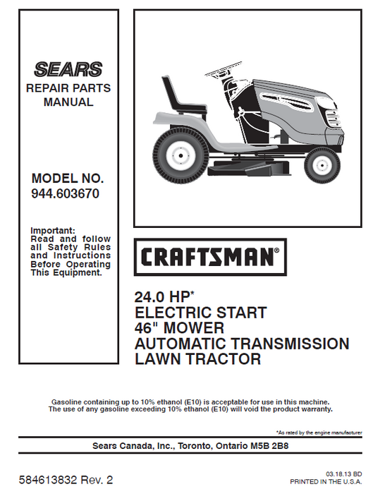 944.603670 Manual for Craftsman 24.0 HP 46" Lawn Tractor