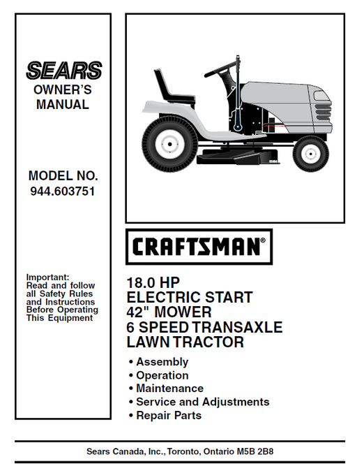 944.603751 Manual for Craftsman 18.0 HP 42" Lawn Tractor