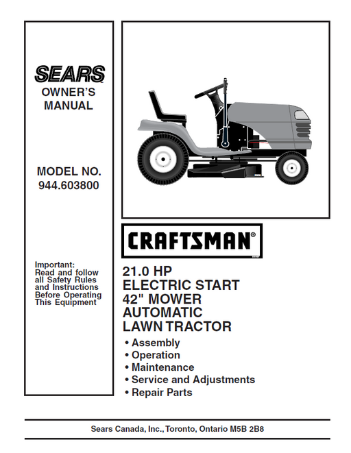 944.603800 Manual for Craftsman 21.0 HP 42" Lawn Tractor