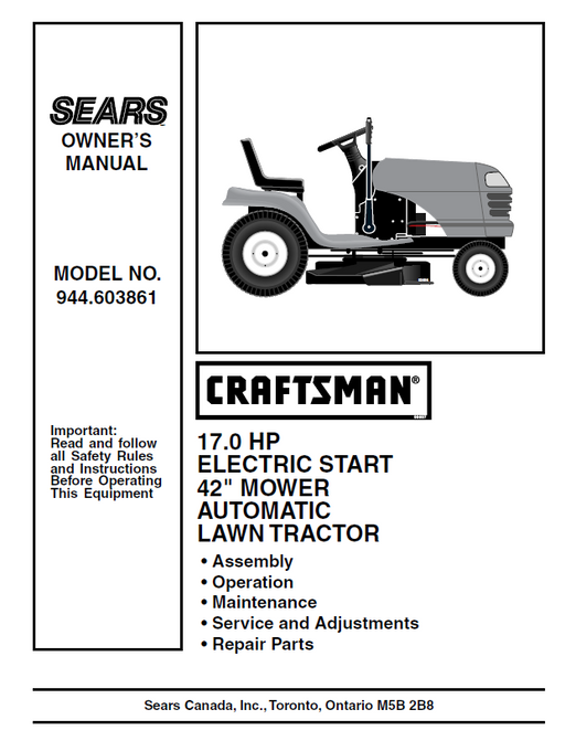 944.603861 Manual for Craftsman 17.0 HP 42" Lawn Tractor