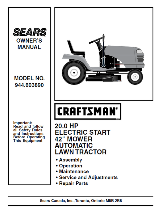 944.603890 Manual for Craftsman 20.0 HP 42" Lawn Tractor