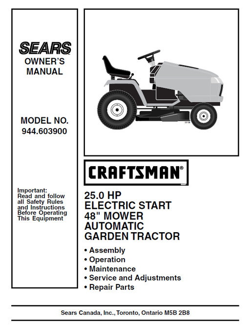 944.603900 Manual for Craftsman 25.0 HP 48" Garden Tractor