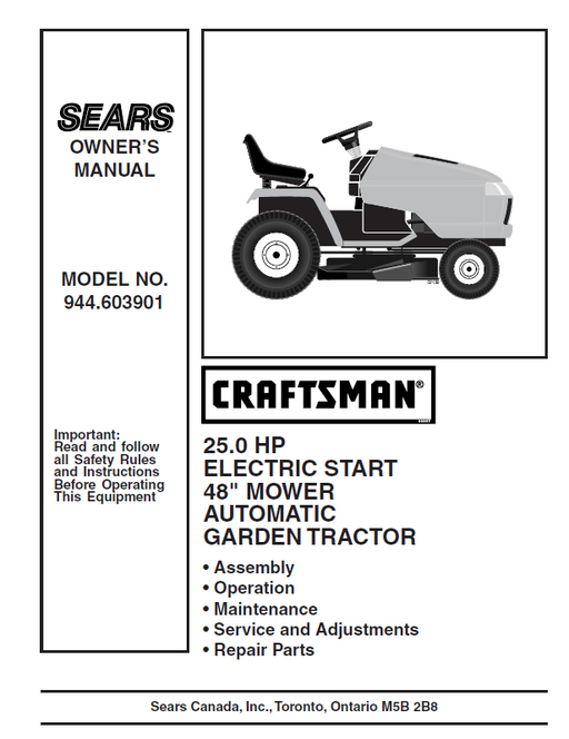 944.603901 Manual for Craftsman 25.0 HP 48" Garden Tractor 
