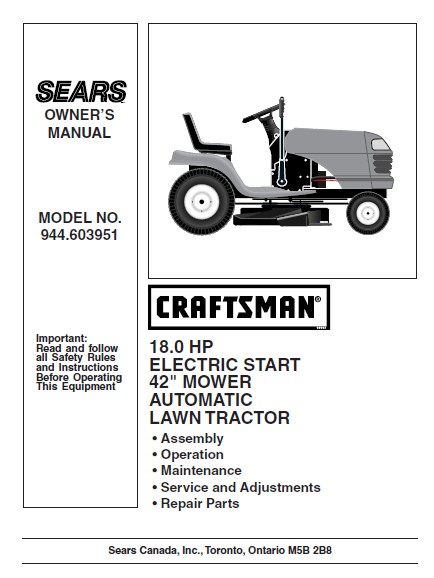 944.603951 Manual for Craftsman 18.0 HP 42" Lawn Tractor