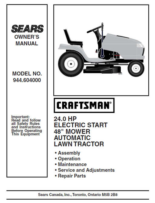 944.604000 Manual for Craftsman 24.0 HP 48" Lawn Tractor