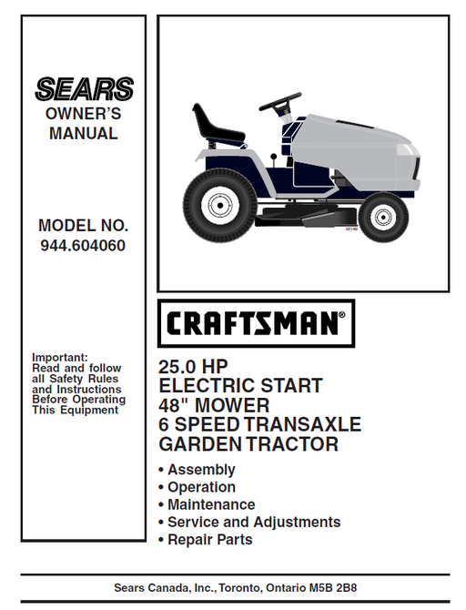 944.604060 Manual for Craftsman 25.0 HP 48" Garden Tractor