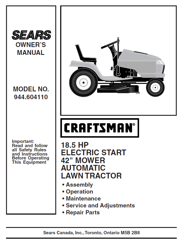 944.604110 Manual for Craftsman 18.5 HP 42 Lawn Tractor DR Mower Parts
