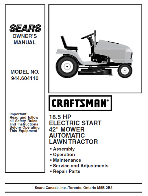 944.604110 Manual for Craftsman 18.5 HP 42" Lawn Tractor