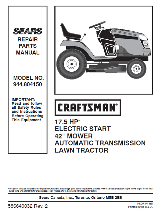 955.604150 Manual for Craftsman 17.5 HP 42" Lawn Tractor