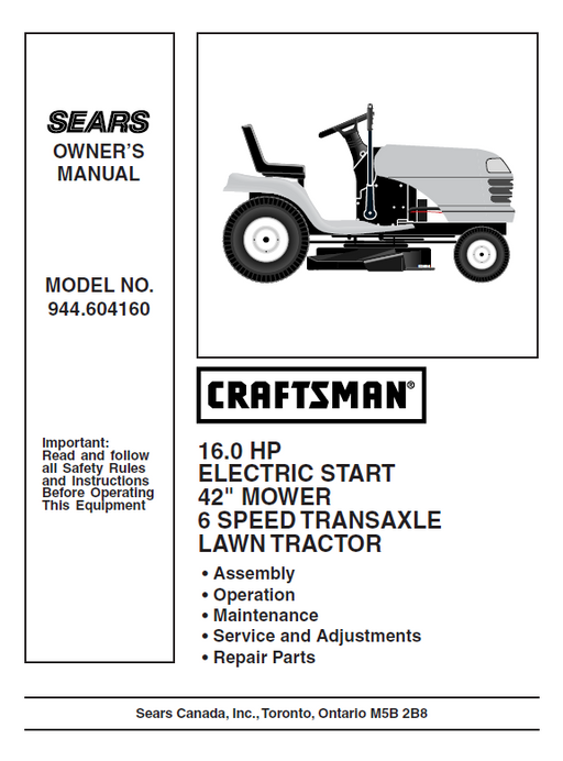944.604160 Manual for Craftsman 16.0 HP 42" Lawn Tractor