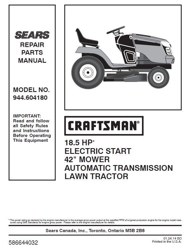 944.604180 Manual for Craftsman 18.5 HP 42 Lawn Tractor DR Mower Parts