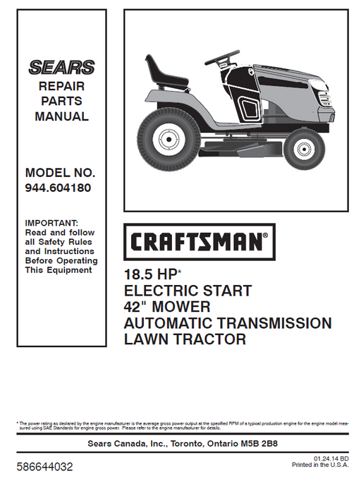 944.604180 Manual for Craftsman 18.5 HP 42" Lawn Tractor