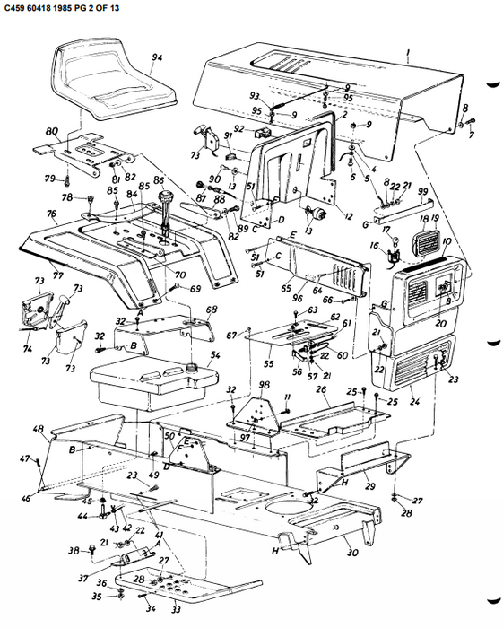 Liste des pièces C459-60418 pour tracteur de pelouse Craftsman 1985