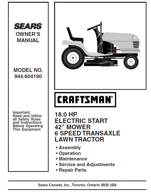 944.604190 Manual for Craftsman 18.0 HP 42" Lawn Tractor