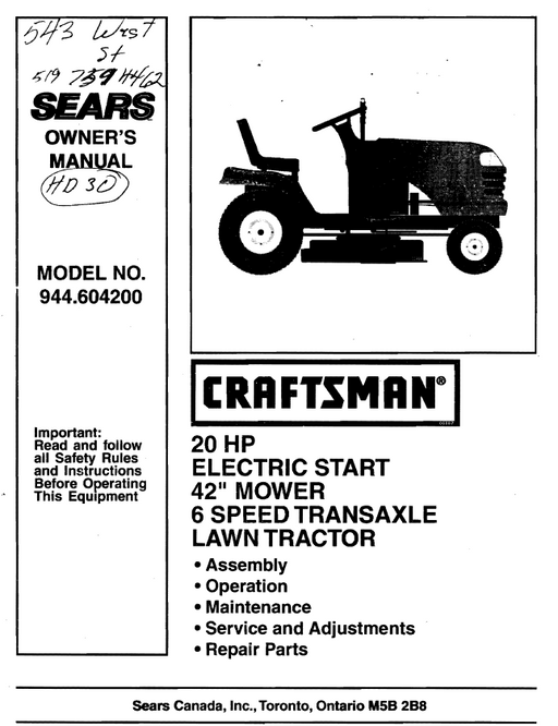 944.604200 Manual for Craftsman 20 HP 42" Lawn Tractor