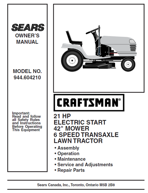 944.604210 Manual for Craftsman 21 HP 42" Lawn Tractor