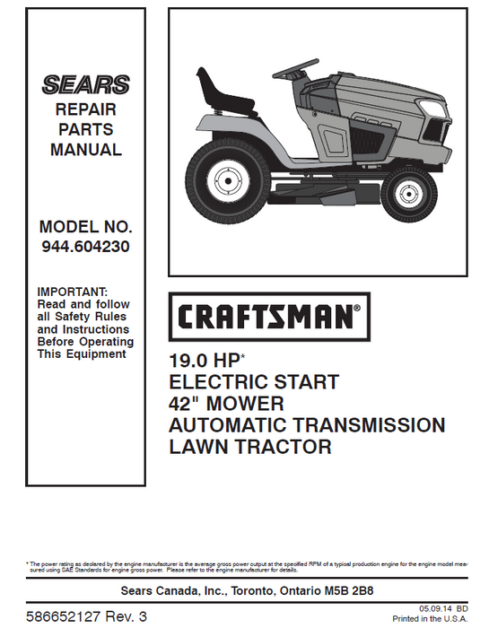 944.604230 Manual for Craftsman 19.0 HP 42" Lawn Tractor