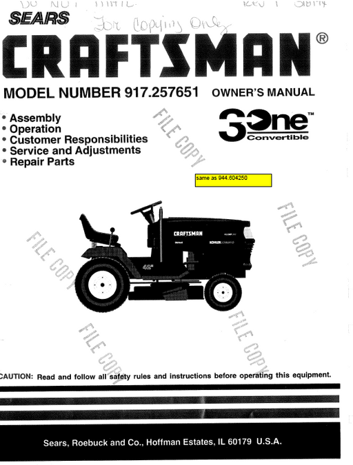 944.604250 Manual for Craftsman 15.5 HP Lawn Tractor 917.257651
