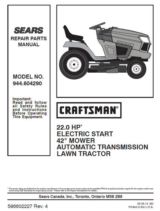 944.604290 Manual for Craftsman 22.0 HP 42" Lawn Tractor
