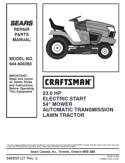 944.604350 Manual for Craftsman 23.0 HP 54" Lawn Tractor