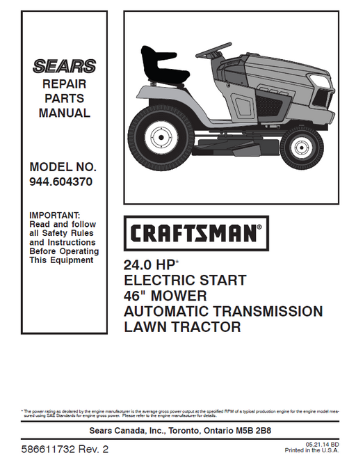 944.604370 Manual for Craftsman 24.0 HP 46" Lawn Tractor