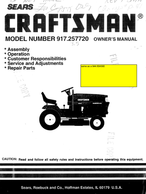 944.604380 Manual for Craftsman 18.0 HP Lawn Tractor 917.257720