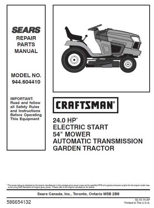944.604410 Manual for Craftsman 24.0 HP 54" Garden Tractor