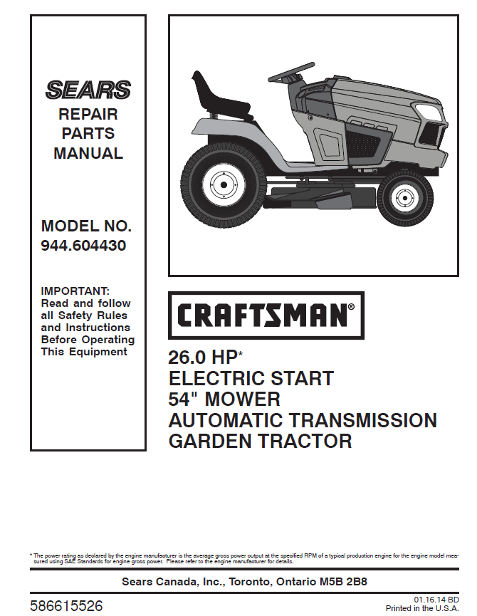 944.604430 Manual for Craftsman 26.0 HP 54 Garden Tractor DR Mower Parts