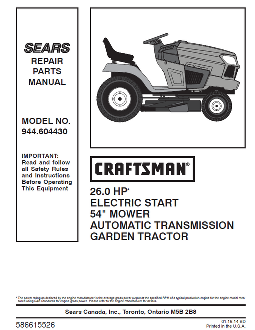944.604430 Manual for Craftsman 26.0 HP 54" Garden Tractor