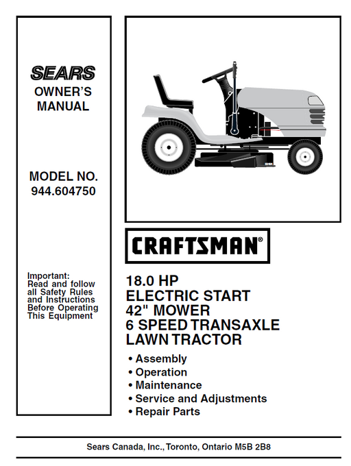 944.604750 Manual for Craftsman 18.0 HP 42" Lawn Tractor