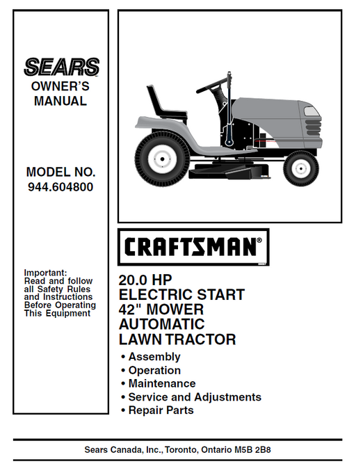 944.604800 Manual for Craftsman 20.0 HP 42" Lawn Tractor