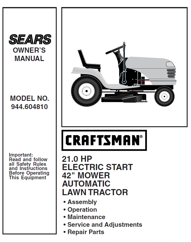 944.604810 Manual for Craftsman 21.0 HP 42 Lawn Tractor DR Mower Parts