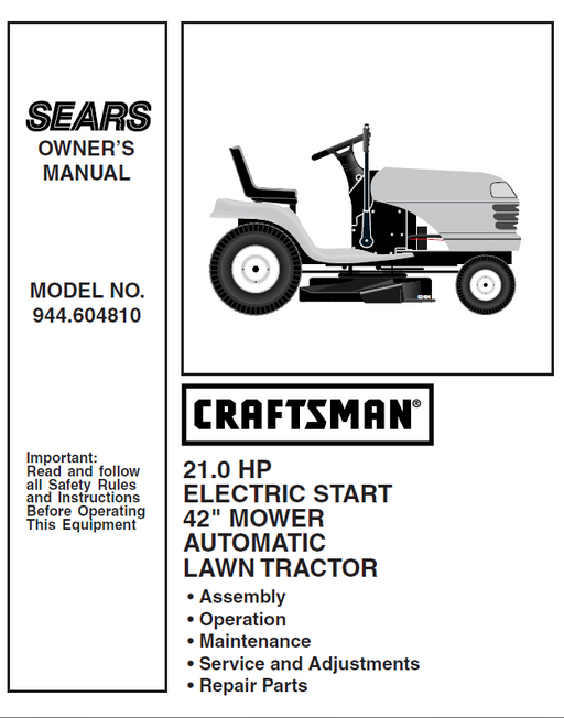 944.604810 Manual for Craftsman 21.0 HP 42" Lawn Tractor
